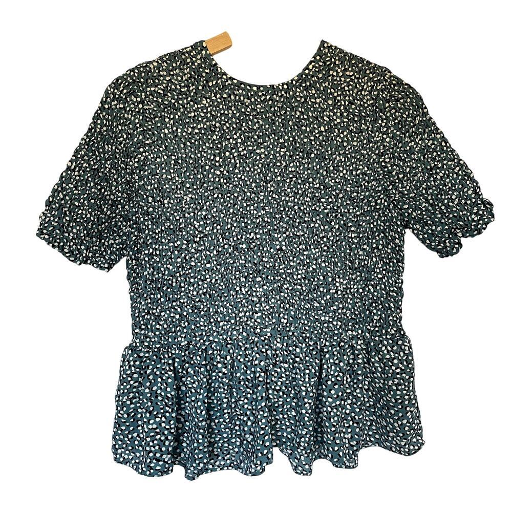 Ann Taylor smocked teal short sleeved stretchy shirt women's size S frills